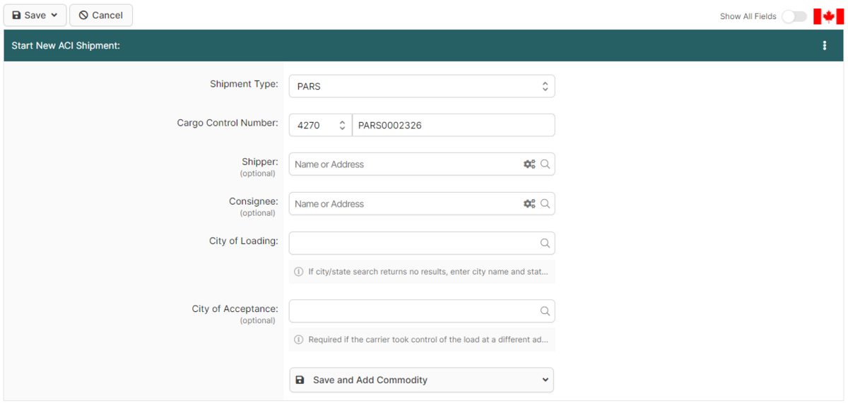 Start New ACI Shipment Page (ACI eManifest) - BorderConnect Wiki