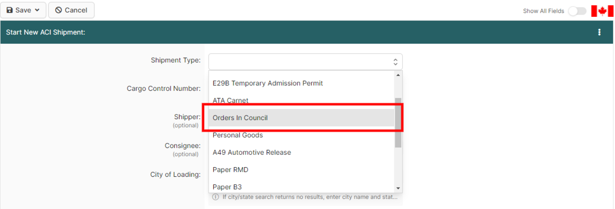 Orders In Council (CBSA Shipment Type) - BorderConnect Wiki